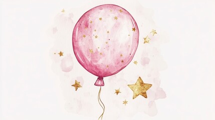 Wall Mural - pink watercolor balloon with gold stars. (1)