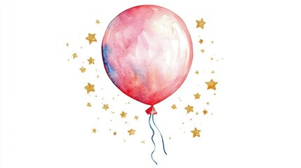 Canvas Print - pink watercolor balloon with gold stars.