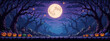 © Alena AV - Pixel art Halloween arcade game level background in the dark magic forest with full moon, pumpkins. Retro game concept. Large banner size with copy space