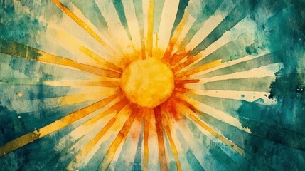 Wall Mural - watercolor painting of a sun with rays, teal and yellow tones.