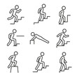 © Sergey - Morning Stair Workout. Outline style icon of Morning Stair Workout: stair sprint, step-up, calf raise edge, tricep dip rail,