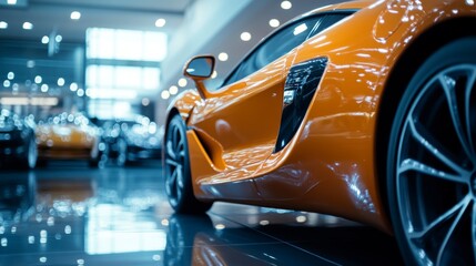 Wall Mural - sleek orange sports car showcased in a modern showroom.