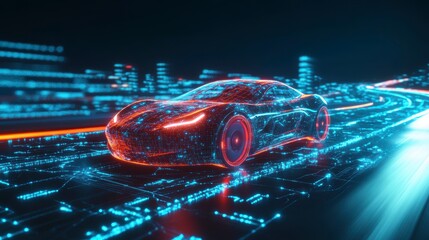 Wall Mural - futuristic electric car driving on a glowing digital road at night in a city.