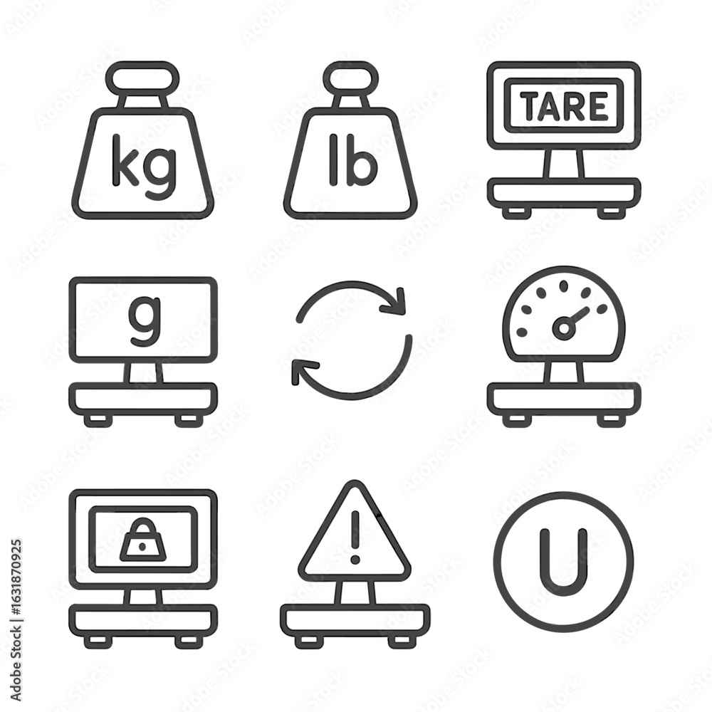 Vector de Stock Weighing Icons Collection. Line style icons of weighing ...