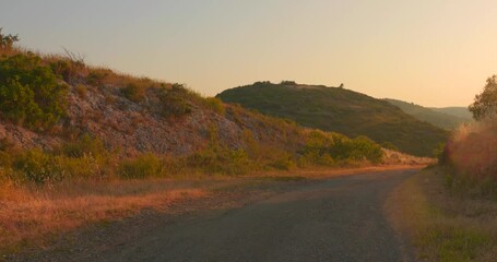 Wall Mural - countryside sunset with this captivating video. the golden light bathes a winding road as it disappe