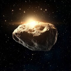 Wall Mural - isolated dusty asteroid floating in deep space under a bright star, surrounded by cosmic dust