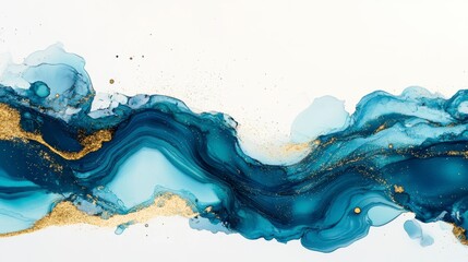 Wall Mural - abstract blue and gold ink swirls on white background.