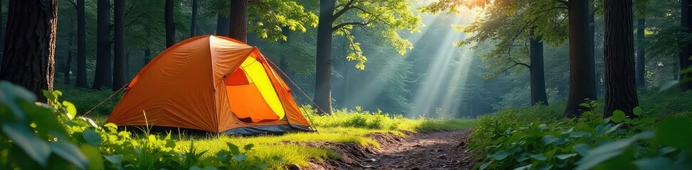 Wall Mural - Family-friendly tent campground nestled in a lush forest, featuring well-maintained campsites and tranquil surroundings, perfect for a relaxing outdoor getaway , birds, recreation