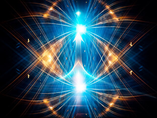 Wall Mural - a mesmerizing burst of light, radiating outwards in a symmetrical pattern of blue and orange streaks