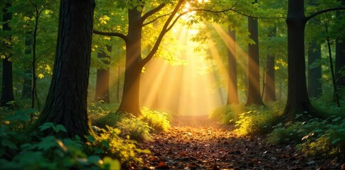 Wall Mural - Golden hour sunlight streams through leaves, illuminating a forest floor dappled with light and shadow Perfect for nature, serenity, and peaceful themes , gleam, greenery, light
