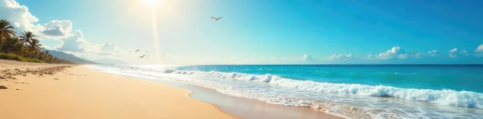 Wall Mural - Golden sand stretches towards a vibrant blue ocean under a brilliant sun Seagulls soar overhead, a gentle breeze ruffling the waves Perfect summer escape , sand dunes, coastal, sand