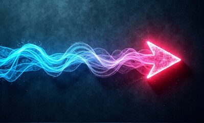 Wall Mural - a vibrant neon arrow, glowing red, streaks across a dark background, trailed by swirling blue and pi