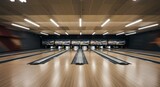 Empty Bowling Alley With Bright Lighting And Wooden Lanes, Blurred Background