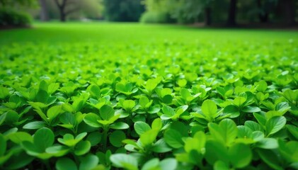 Wall Mural - Lush Green Groundcover Blankets the Earth, Thriving Vibrant Foliage Ideal for Landscaping, Erosion Control, and Natural Beauty in Outdoor Spaces.