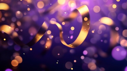 Wall Mural - golden ribbon swirls with purple bokeh lights, celebratory background.