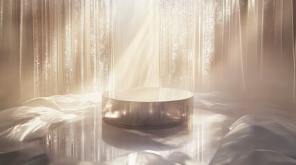 Wall Mural - elegant round pedestal on silk fabric with sunlit curtains.