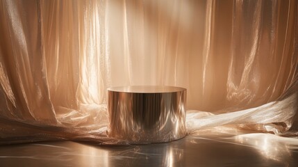 Wall Mural - metallic cylindrical display stand on reflective floor, illuminated by soft light behind sheer curta