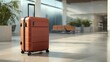 © Studio Nova - The modern orange suitcase standing in a stylish airport terminal.