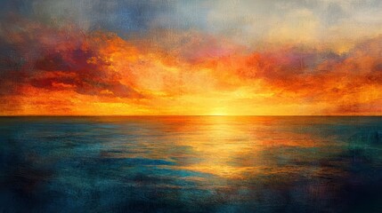 Wall Mural - vibrant sunset over calm ocean; fiery cloudscape reflected on tranquil water.