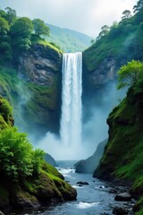 Wall Mural - Serene cascading waterfall tumbling down lush green hills, creating a misty spray and tranquil atmosphere Perfect for nature, travel, and environmental themes , majestic, flowing