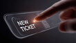 © Екатерина Чумаченко - Touching digital 'New Ticket' button to create a support ticket. User interface with layered rectangular design. High-tech touch screen.