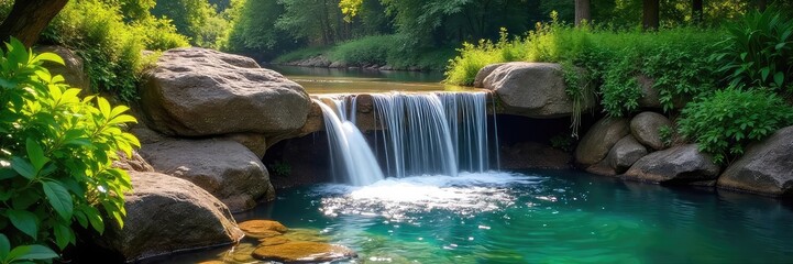 Wall Mural - Serene pond waterfall cascading over natural rocks, lush greenery surrounds the tranquil scene, sunlight dappling the water's surface , wildlife, aquatic, water feature