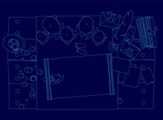 Poster - A vintage table blueprint with white contour lines stands out against a deep blue background. Various objects are neatly arranged on the table, creating a clean and structured composition.