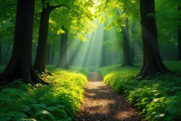 Wall Mural - Sun-dappled path winds through lush green forest, sunlight filtering through canopy, creating dappled shadows on the mossy forest floor A tranquil scene of peaceful woodland , outdoor, moss