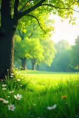Wall Mural - Sunlight dapples a lush green meadow, slender branches reaching skyward, creating a tranquil and idyllic natural scene Perfect for nature, spring, and pastoral themes , rural, beauty, green meadow