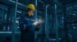 © Daxxt - Focused Engineer with Glowing Tablet Navigates a Labyrinth of Industrial Pipes