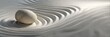 © Charlie - Minimalist zen garden with smooth stone on raked sand, tranquil aesthetic for meditation apps, wellness websites, yoga studio promotions, serene office wall art, calming presentation backdrop