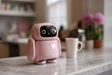 Poster - A pink robot is standing on a marble counter next to a white coffee cup