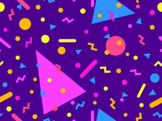 Wall Mural - Geometric seamless pattern with memphis elements in 80s style. Colorful pattern with different geometric shapes. Design for packaging, covers, wrapping and promotional products. Vector illustration
