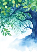 Wall Mural - A watercolor painting of a tree with lush green leaves and a blue trunk.