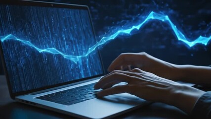 a developer typing on a laptop with abstract digital code, programming, and a glowing blue data stre