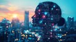 © Wattana - Silhouette of a human head with a digital grid overlay, set against a cityscape at sunset.