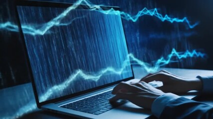 A developer typing on a laptop with abstract digital code, programming, and a glowing blue data stream representing cybersecurity technology. 4k video