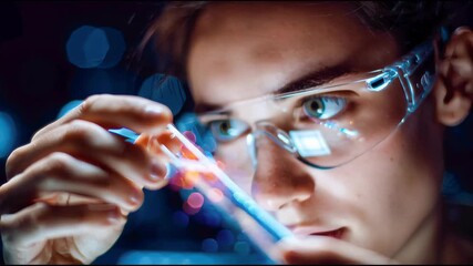 Poster - Scientist inspecting a test tube with glowing blue and orange particles in a high-tech laboratory environment