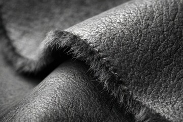 Wall Mural - Textured black and white close-up of luxurious fur-lined leather material