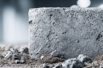 Poster - Close-up of a grey concrete block with porous texture on gritty ground.