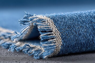 Poster - Detailed view of a rolled blue blanket or rug with decorative fringed borders.