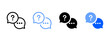 © Chelpanoff - FAQ icon set. Paired speech bubbles with question mark and ellipsis sign. Support and help center sign for messaging and inquiry UI. Answer symbol. Talk pictogram. Communication illustration.