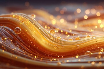 Poster - Abstract golden liquid waves with sparkling bubbles and shimmering bokeh lights