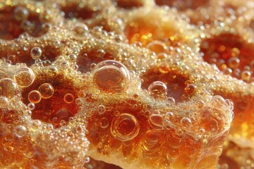 Poster - Golden Effervescent Bubbles: A Detailed Macro View of Textured Foam.