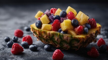 Wall Mural - The vibrant arrangement of fresh fruits in a cut pineapple bowl.