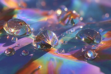 Poster - Captivating iridescent water droplets shimmer with a vibrant rainbow spectrum