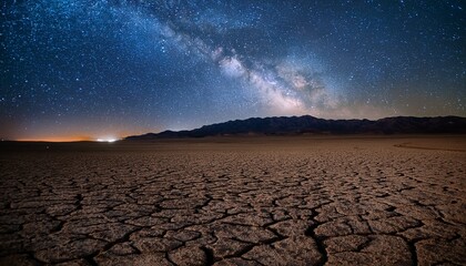 night sky with milky way over desert landscape featuring cracked earth surface and starry background