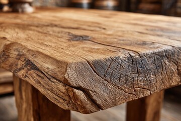 Poster - Detailed close-up of a rustic solid wood table surface showcasing natural textures.