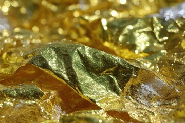 Poster - Abstract close-up of crumpled gold foil with glittering texture and bokeh lights.