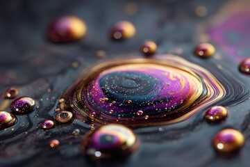 Poster - Close-up of vibrant iridescent liquid droplets creating an abstract art background with swirling colors.